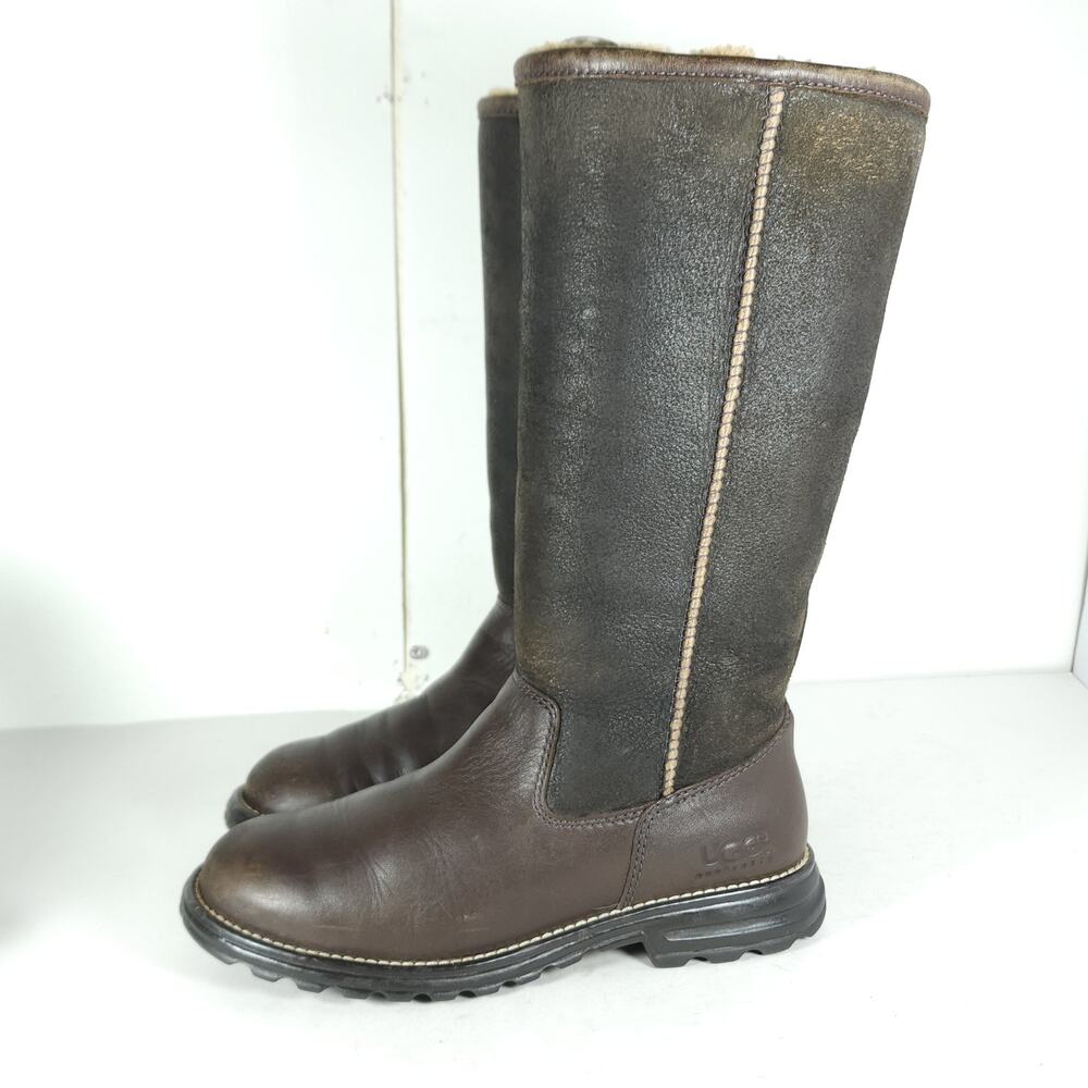 UGG Womens Brooks US7 Tall Brown Leather Shearling Sherpa PullOn Boots - Picture 2 of 16
